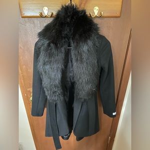 Calvin Klein Black Faux Fur Wool Blend Collared Coat Size 6